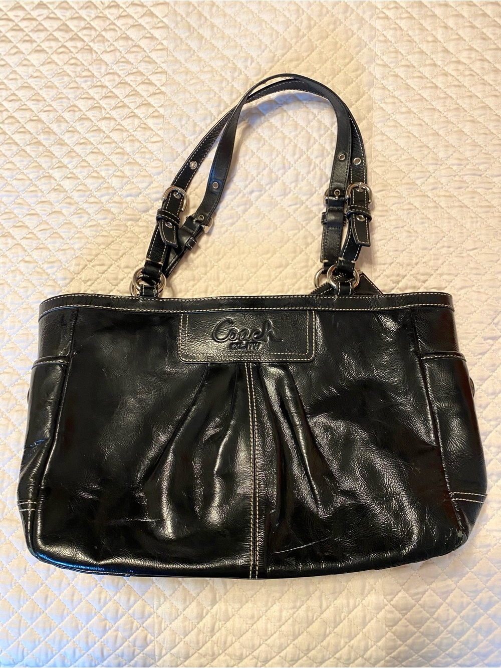 Coach Black Patent Leather Pleated Gallery Tote